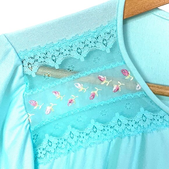 Vintage Vanity Fair Mint Green Lingerie Pegnior Top Button Up L Lace Embroidered - Picture 2 of 7